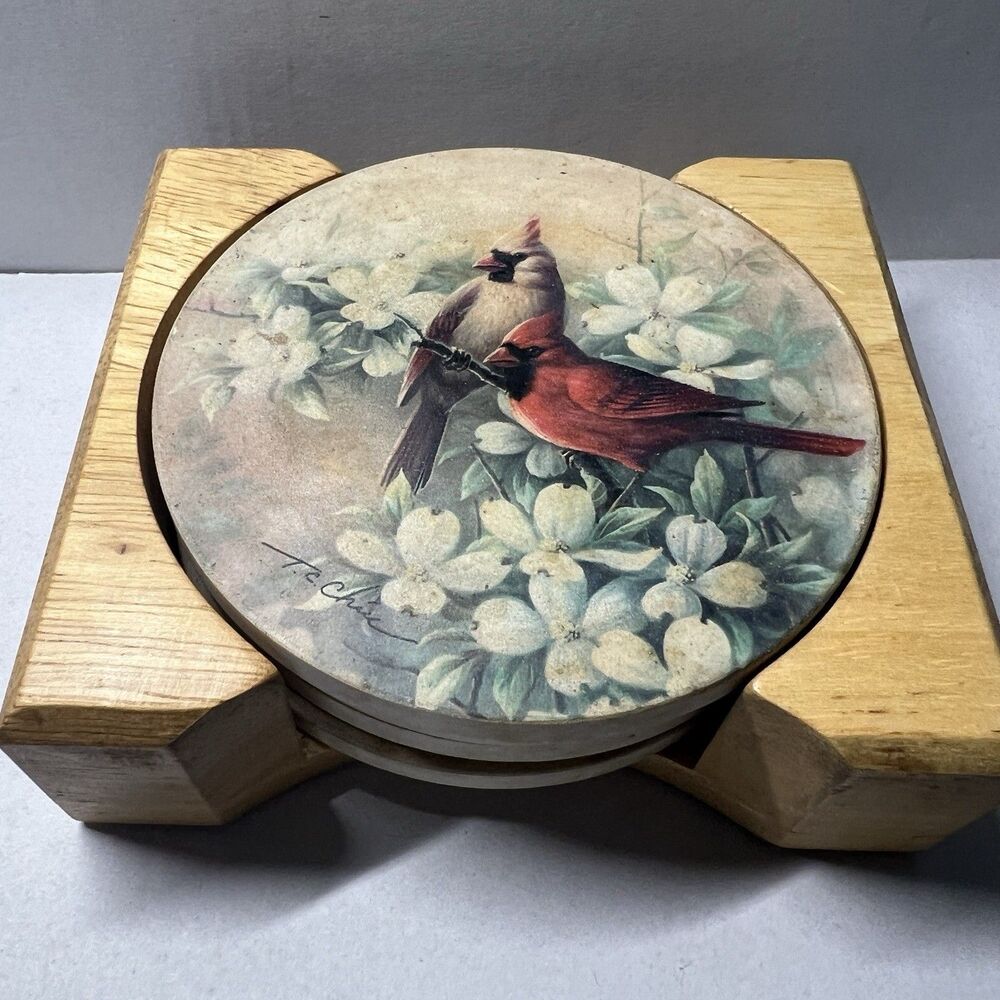 Vintage T.C. Chiu Red Cardinal Bird Coaster Set with Wooden Storage Holder MCM